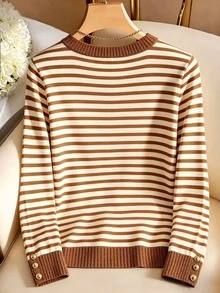 Breezaya New Elegant Round Neck Knit T-Shirt, Striped Colorblock Fashion Knit Top - Multicolor - View 3