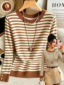 Breezaya New Elegant Round Neck Knit T-Shirt, Striped Colorblock Fashion Knit Top - Multicolor - View 5