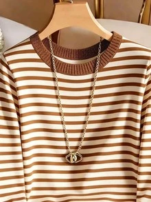 Breezaya New Elegant Round Neck Knit T-Shirt, Striped Colorblock Fashion Knit Top - Multicolor - View 4