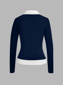 Sundraya Women's Casual Colorblock Patchwork Top, Autumn - Navy Blue - View 3