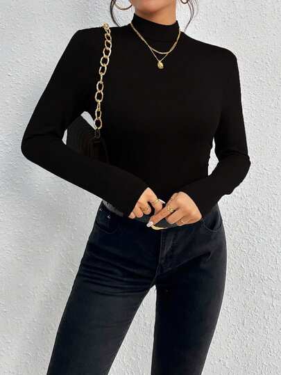 SHEIN Women's Casual Minimalist All-Match Solid Color Turtleneck Long Sleeve Bodysuit Going Out Black Autumn