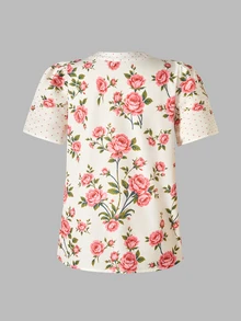 SHEIN Women's Patchwork White Notch V-Neck Short Sleeve Blouse Formal Party Going Out Summer Elegant Romantic Celestial - Multicolor - View 2