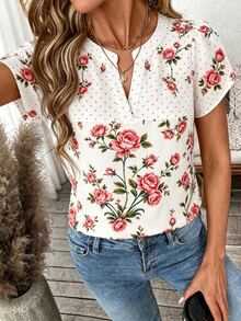 SHEIN Women's Patchwork White Notch V-Neck Short Sleeve Blouse Formal Party Going Out Summer Elegant Romantic Celestial - Multicolor - View 1