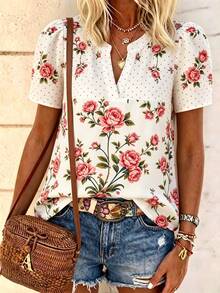 SHEIN Women's Patchwork White Notch V-Neck Short Sleeve Blouse Formal Party Going Out Summer Elegant Romantic Celestial - Multicolor - View 4