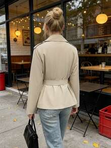 SHEIN PariChic Women's Autumn/Winter Basic Button Decor Cinched Waist Long Sleeve Trench Coat Jacket - Apricot - View 3