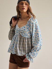 SHEIN بلوزة نسائية بطراز ريفي عتيق مع زهور طازجة & رقعات مربعات، قميص كاجوال ريترو مع خصر مكشكش وأكمام منتفخة، قماش ناعم صديق للبشرة مع ملمس نسيجي خفيف، مناسبة لنزهات الربيع/الصيف، المواعيد، السفر إلى المدن القديمة، ملابس الحرم الجامعي، كاجوال خفيف، مناسبات يومية طازجة & حلوة، بلوزة أنيقة - متعدد الألوان - مشاهدة 4