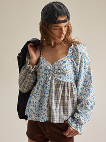SHEIN بلوزة نسائية بطراز ريفي عتيق مع زهور طازجة & رقعات مربعات، قميص كاجوال ريترو مع خصر مكشكش وأكمام منتفخة، قماش ناعم صديق للبشرة مع ملمس نسيجي خفيف، مناسبة لنزهات الربيع/الصيف، المواعيد، السفر إلى المدن القديمة، ملابس الحرم الجامعي، كاجوال خفيف، مناسبات يومية طازجة & حلوة، بلوزة أنيقة - متعدد الألوان - مشاهدة 1
