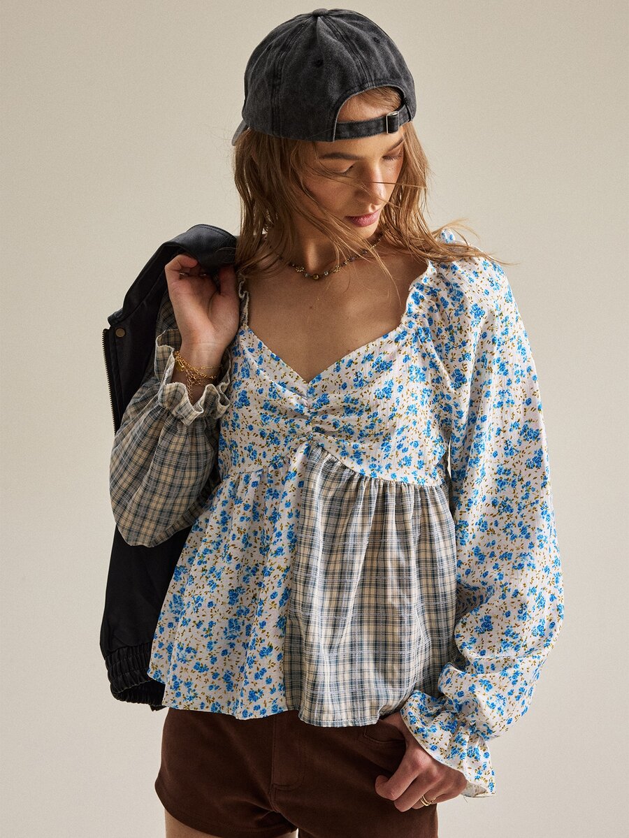 SHEIN بلوزة نسائية بطراز ريفي عتيق مع زهور طازجة & رقعات مربعات، قميص كاجوال ريترو مع خصر مكشكش وأكمام منتفخة، قماش ناعم صديق للبشرة مع ملمس نسيجي خفيف، مناسبة لنزهات الربيع/الصيف، المواعيد، السفر إلى المدن القديمة، ملابس الحرم الجامعي، كاجوال خفيف، مناسبات يومية طازجة & حلوة، بلوزة أنيقة - متعدد الألوان - مشاهدة 1