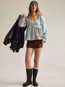 SHEIN بلوزة نسائية بطراز ريفي عتيق مع زهور طازجة & رقعات مربعات، قميص كاجوال ريترو مع خصر مكشكش وأكمام منتفخة، قماش ناعم صديق للبشرة مع ملمس نسيجي خفيف، مناسبة لنزهات الربيع/الصيف، المواعيد، السفر إلى المدن القديمة، ملابس الحرم الجامعي، كاجوال خفيف، مناسبات يومية طازجة & حلوة، بلوزة أنيقة - متعدد الألوان - مشاهدة 3