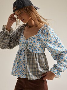 SHEIN بلوزة نسائية بطراز ريفي عتيق مع زهور طازجة & رقعات مربعات، قميص كاجوال ريترو مع خصر مكشكش وأكمام منتفخة، قماش ناعم صديق للبشرة مع ملمس نسيجي خفيف، مناسبة لنزهات الربيع/الصيف، المواعيد، السفر إلى المدن القديمة، ملابس الحرم الجامعي، كاجوال خفيف، مناسبات يومية طازجة & حلوة، بلوزة أنيقة - متعدد الألوان - مشاهدة 6