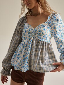 SHEIN بلوزة نسائية بطراز ريفي عتيق مع زهور طازجة & رقعات مربعات، قميص كاجوال ريترو مع خصر مكشكش وأكمام منتفخة، قماش ناعم صديق للبشرة مع ملمس نسيجي خفيف، مناسبة لنزهات الربيع/الصيف، المواعيد، السفر إلى المدن القديمة، ملابس الحرم الجامعي، كاجوال خفيف، مناسبات يومية طازجة & حلوة، بلوزة أنيقة - متعدد الألوان - مشاهدة 5