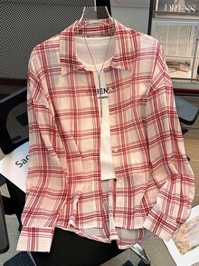 Resyla Women's Plaid Lightweight Casual Loose Shirt, Fashionable Sun Protection, Spring/Summer - Pink - View 3