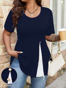 Kaos Ukuran Plus Fake Buttons Blok Warna Casual - Navy Blue - View 1