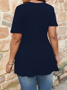 Kaos Ukuran Plus Fake Buttons Blok Warna Casual - Navy Blue - View 2