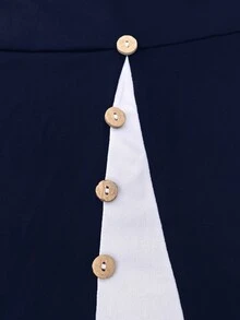 Kaos Ukuran Plus Fake Buttons Blok Warna Casual - Navy Blue - View 5