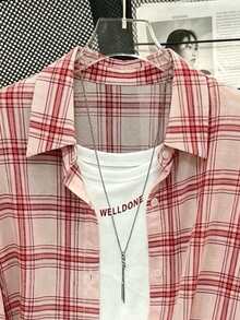 INAWLY Plus Size Spring Casual Plaid Front Button Long Sleeve Shirt Fall - Pink - View 3