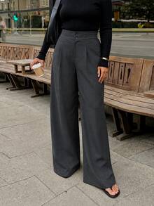 GlowEve CURVE Plus-Size Women's Wide-Leg Pants, Solid Gray, Elegant Style, Fashionable And Versatile, Suitable For Commuting And Office Wear, An Autumn Essential - Grey - View 4