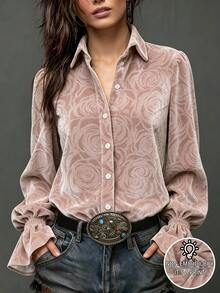 Linhara Blusa de mujer talla grande casual elegante vintage versátil de moda con diseño de estampado aleatorio rosa, manga larga, cuello vuelto y puño elástico, adecuada para primavera y otoño - Rosa - Ver 4