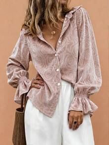 Linhara Blusa de mujer talla grande casual elegante vintage versátil de moda con diseño de estampado aleatorio rosa, manga larga, cuello vuelto y puño elástico, adecuada para primavera y otoño - Rosa - Ver 5
