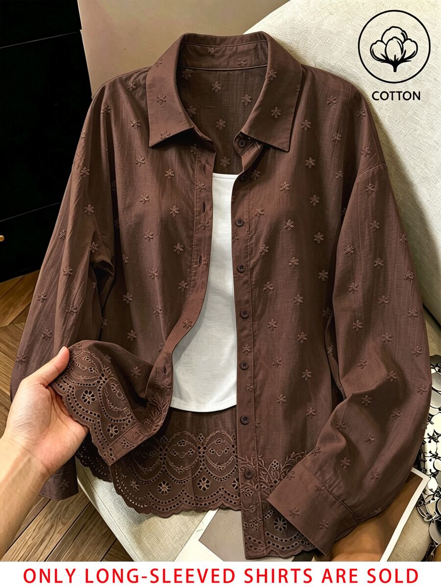 Franclia 時尚休閒優雅百搭純色刺繡可追溯純棉布料寬鬆女款襯衫 教師節辦公室棕色秋季 - 巧克力棕 - 查看 1