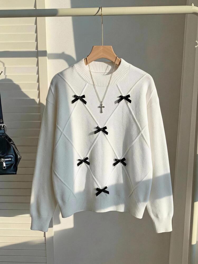 SHEIN Autumn Clothes Teen Girls White Cute Round Neck Long Sleeve 3D Bow Sweater Pullover, Back To School, Festival Outfits Christmas Matric Dance - White - View 10