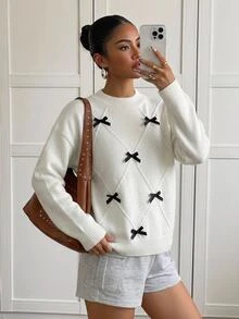 SHEIN 秋季青少年女孩白色可愛圓領長袖3D蝴蝶結針織毛衣套頭衫，返校季、節慶穿搭、聖誕節、畢業舞會 - 白色 - 查看 10
