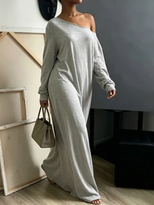 INAWLY Solva Women's Solid Color Asymmetrical Shoulder Casual Daily Long Dress - Grey - View 4