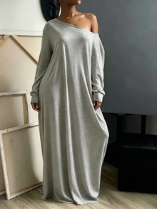 INAWLY Solva Women's Solid Color Asymmetrical Shoulder Casual Daily Long Dress - Grey - View 5