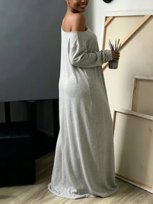 INAWLY Solva Women's Solid Color Asymmetrical Shoulder Casual Daily Long Dress - Grey - View 6