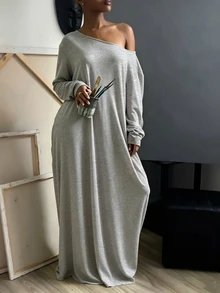 INAWLY Solva Women's Solid Color Asymmetrical Shoulder Casual Daily Long Dress - Grey - View 3