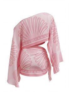 Bonvoyette 夏季泳裝新款女款海灘度假優雅性感休閒辣妹風 網紗花卉印花粉色不對稱單肩不對稱領口開衩長喇叭袖三角圍巾綁帶包臀裙兩件套罩衫，女款性感優雅兩件套，女款復活節兩件套，女款粉色兩件套，女款休閒裙兩件套 - 粉色 - 查看 8