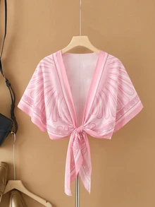 Bonvoyette 夏季泳裝新款女款海灘度假優雅性感休閒辣妹風 網紗花卉印花粉色不對稱單肩不對稱領口開衩長喇叭袖三角圍巾綁帶包臀裙兩件套罩衫，女款性感優雅兩件套，女款復活節兩件套，女款粉色兩件套，女款休閒裙兩件套 - 粉色 - 查看 6