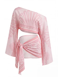 Bonvoyette 夏季泳裝新款女款海灘度假優雅性感休閒辣妹風 網紗花卉印花粉色不對稱單肩不對稱領口開衩長喇叭袖三角圍巾綁帶包臀裙兩件套罩衫，女款性感優雅兩件套，女款復活節兩件套，女款粉色兩件套，女款休閒裙兩件套 - 粉色 - 查看 7
