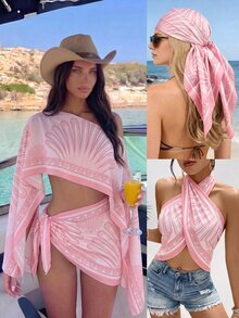 Bonvoyette 夏季泳裝新款女款海灘度假優雅性感休閒辣妹風 網紗花卉印花粉色不對稱單肩不對稱領口開衩長喇叭袖三角圍巾綁帶包臀裙兩件套罩衫，女款性感優雅兩件套，女款復活節兩件套，女款粉色兩件套，女款休閒裙兩件套 - 粉色 - 查看 3