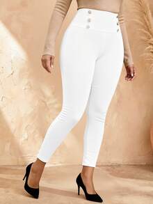 EMERY ROSE Plus Size Double Breasted Elastic Skinny Pants,Fuzzy Leggings Winter White - White - View 4
