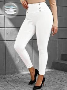 EMERY ROSE Plus Size Double Breasted Elastic Skinny Pants,Fuzzy Leggings Winter White - White - View 1