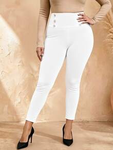 EMERY ROSE Plus Size Double Breasted Elastic Skinny Pants,Fuzzy Leggings Winter White - White - View 5