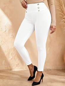 EMERY ROSE Plus Size Double Breasted Elastic Skinny Pants,Fuzzy Leggings Winter White - White - View 2