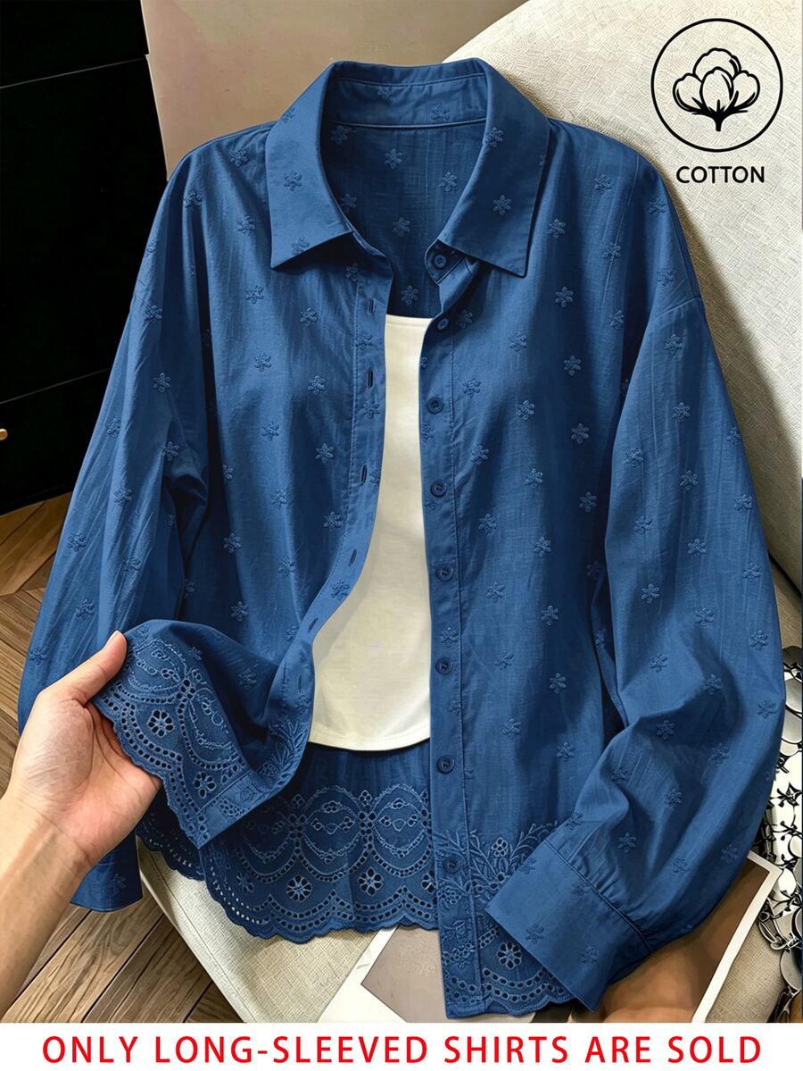 Franclia 時尚四季休閒優雅百搭純色刺繡可追溯純棉布料寬鬆女款襯衫 辦公穿搭 海軍藍 秋季 - 藏蓝色 - 查看 1