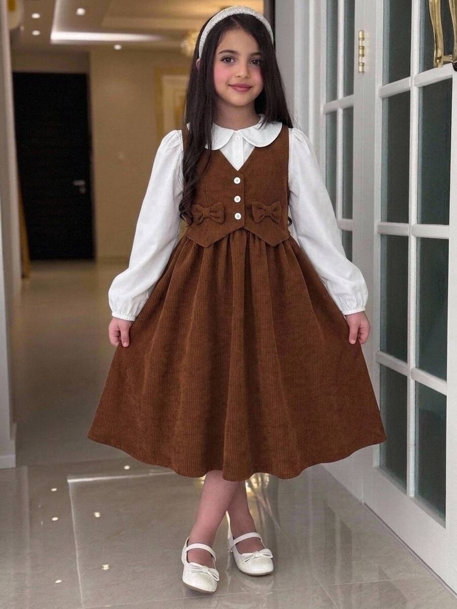 SHEIN 青少年女孩春秋冬款白色可愛彼得潘領荷葉邊蝴蝶結裝飾拼接中長洋裝,卡其色 2 件套 - 卡其色 - 查看 1