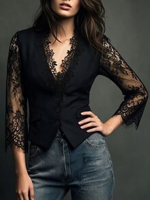 SHEIN Elegant Design Women's Blazer, Fashionable Minimalist Lace Mid-Sleeve, Suitable For Business Office Wear - Black - View 5