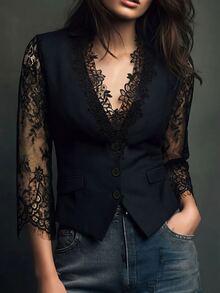 SHEIN Elegant Design Women's Blazer, Fashionable Minimalist Lace Mid-Sleeve, Suitable For Business Office Wear - Black - View 3