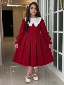 SHEIN 少女開學穿搭修身紅色燈芯絨長袖3D蝴蝶結裝飾翻領前開襟洋裝復古學院風精緻大蝴蝶結彼得潘大領洋裝 - 紅色 - 查看 6
