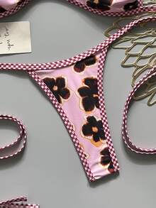 Swim SXY 2-Piece Spring/Summer Beach Vacation Floral Random Print Halter Bandeau Top And Side Tie String Thong Bikini Set - Multicolor - View 4