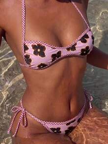 Swim SXY 2-Piece Spring/Summer Beach Vacation Floral Random Print Halter Bandeau Top And Side Tie String Thong Bikini Set - Multicolor - View 8
