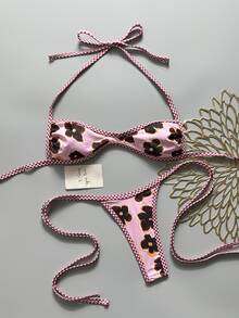 Swim SXY 2-Piece Spring/Summer Beach Vacation Floral Random Print Halter Bandeau Top And Side Tie String Thong Bikini Set - Multicolor - View 1