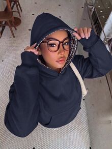 SHEIN 青少年女孩豹紋英文字母運動衫，寬鬆休閒長袖套頭衫，適合秋冬穿著 - 藏蓝色 - 查看 4