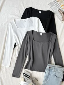 SHEIN 青少年女孩黑白灰 3 件組 T 恤套裝，休閒日常百搭百搭款 - 彩色 - 查看 7