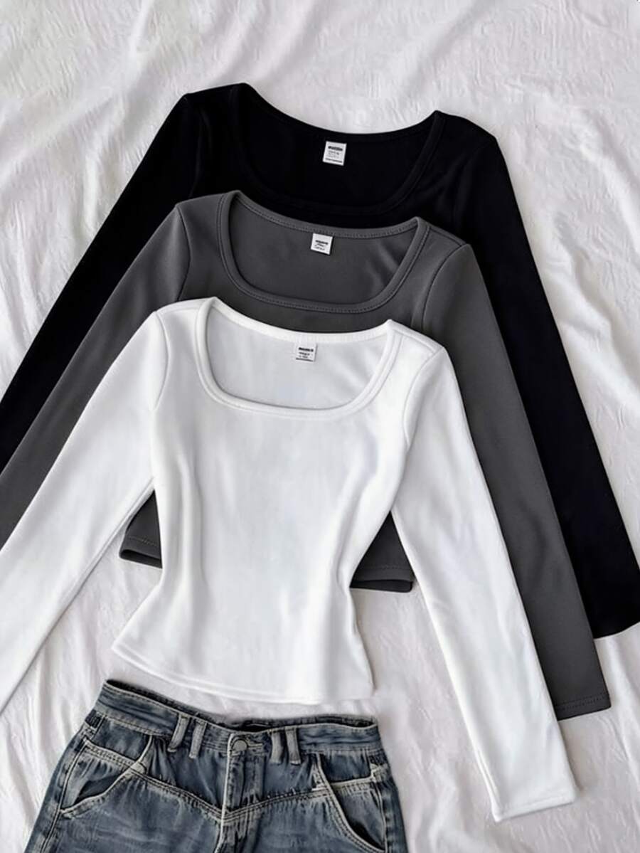 SHEIN 青少年女孩黑白灰 3 件組 T 恤套裝,休閒日常百搭百搭款 - 彩色 - 查看 1