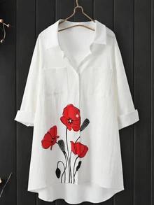 Linhara Plus Size Women's Floral Print Drop Shoulder Loose Patchwork Pocket Long Casual Shirt Fall - White - View 1